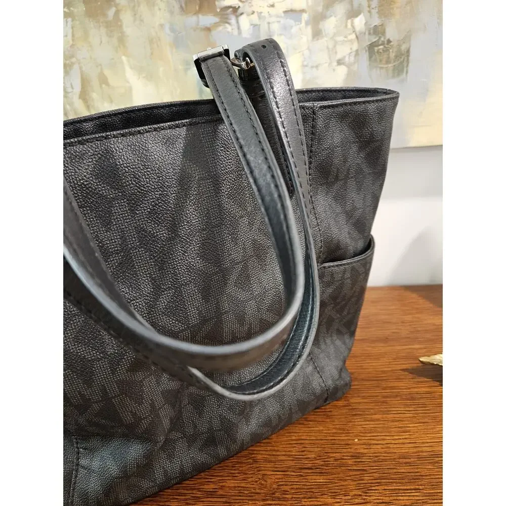 Michael Kors Jet Set Signature Logo Tote Bag Black Monogram Silver Hardware